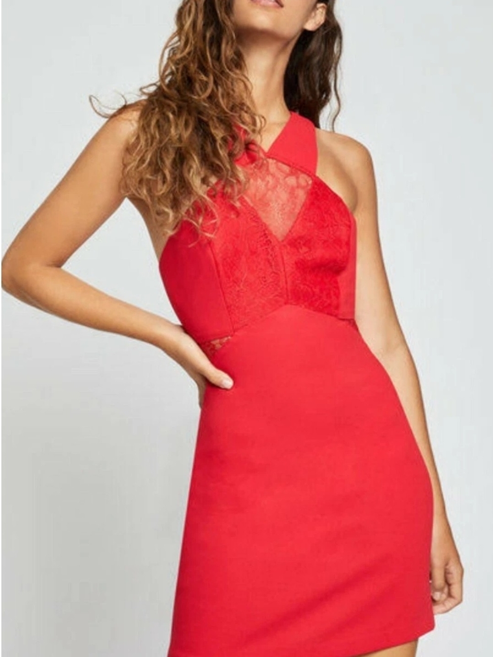 BCBGeneration Red Halter Mini Dress Lace Mesh Sleeveless Size 4